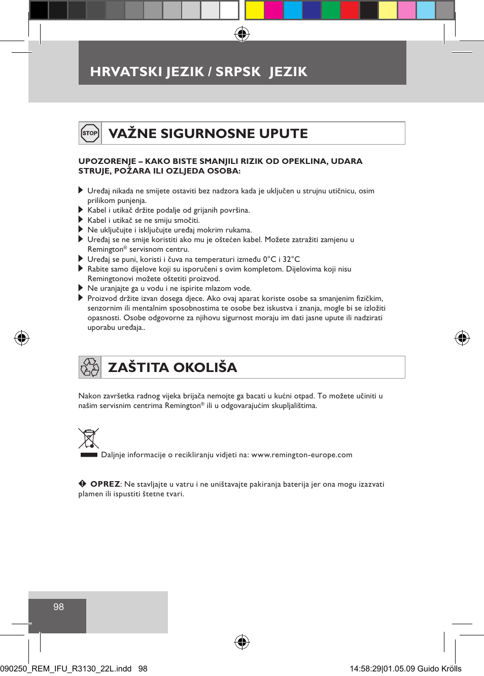 Važne sigurnosne upute, Zaštita okoliša, Hrvatski jezik / srpsk jezik | Remington R3150 User Manual | Page 104 / 110