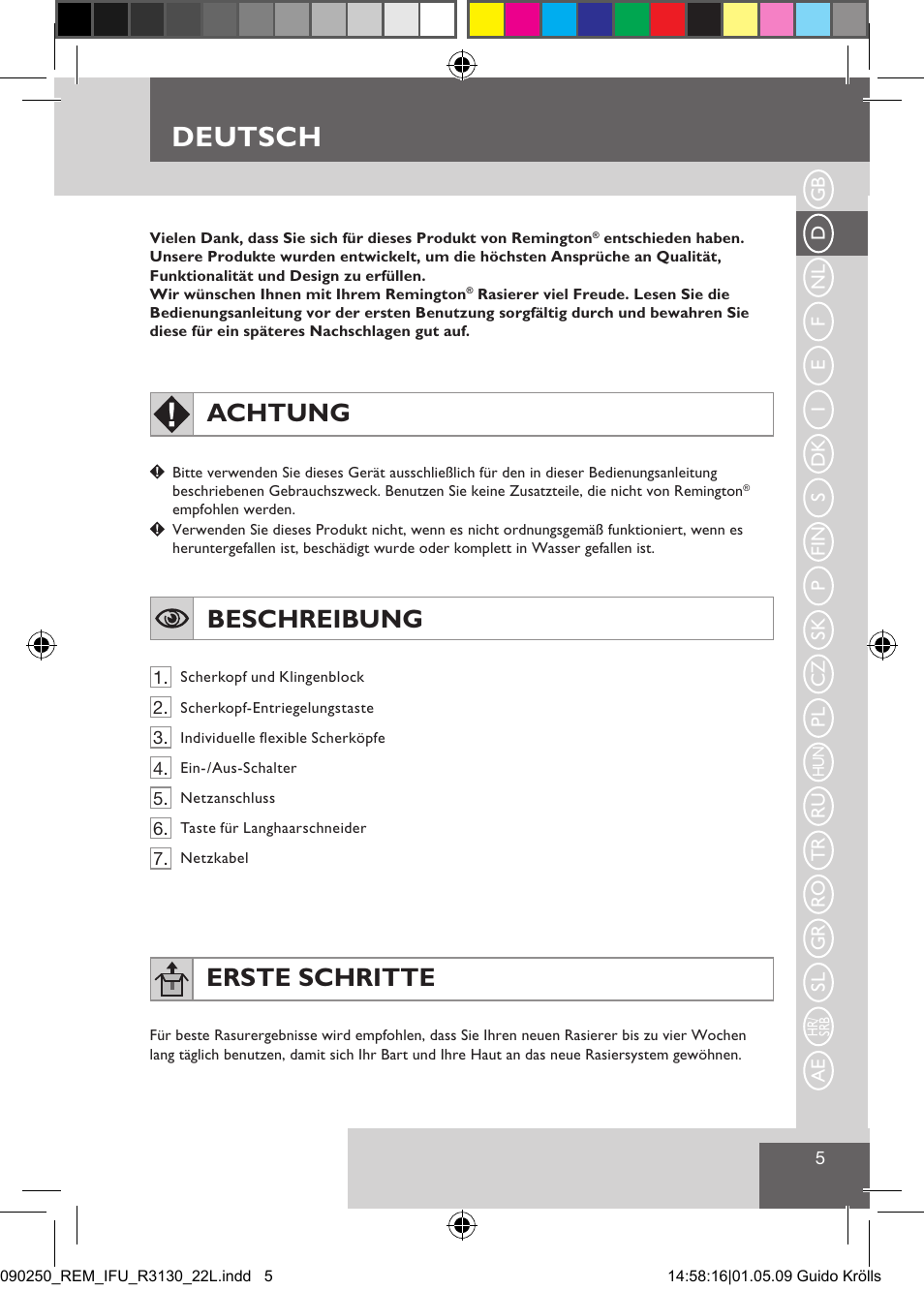 Deutsch, Achtung, Beschreibung | Erste schritte | Remington R3150 User Manual | Page 11 / 110