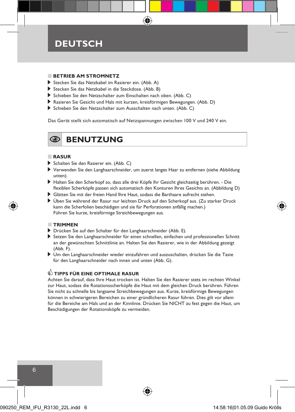 Deutsch, Benutzung | Remington R3150 User Manual | Page 12 / 110