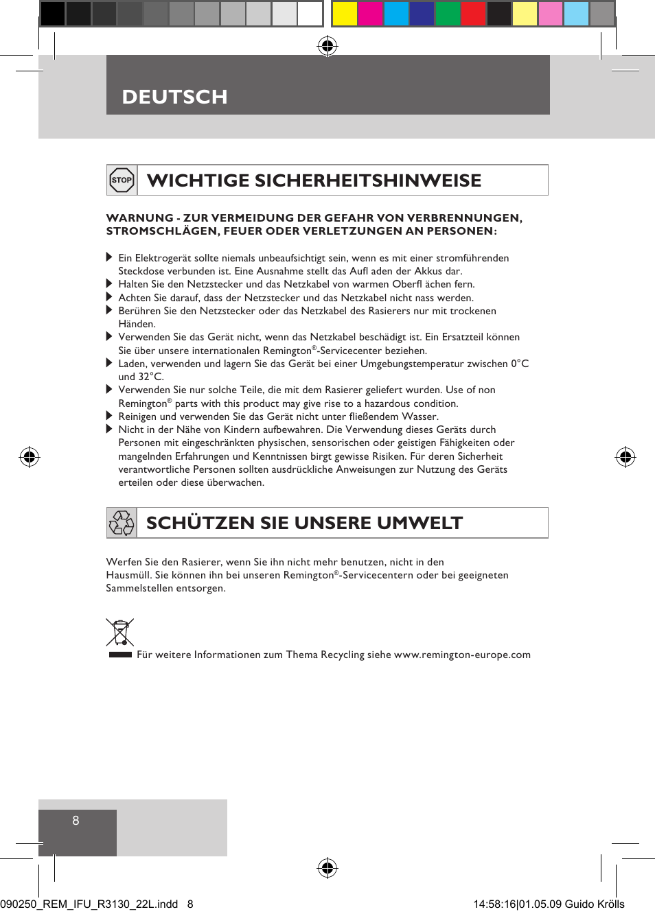 Deutsch, Wichtige sicherheitshinweise, Schützen sie unsere umwelt | Remington R3150 User Manual | Page 14 / 110