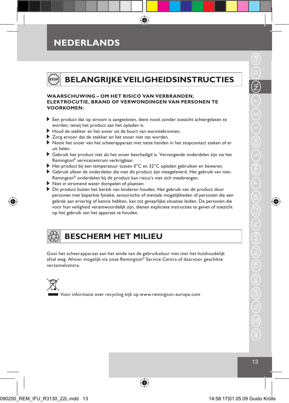 Nederlands, Belangrijke veiligheidsinstructies, Bescherm het milieu | Remington R3150 User Manual | Page 19 / 110
