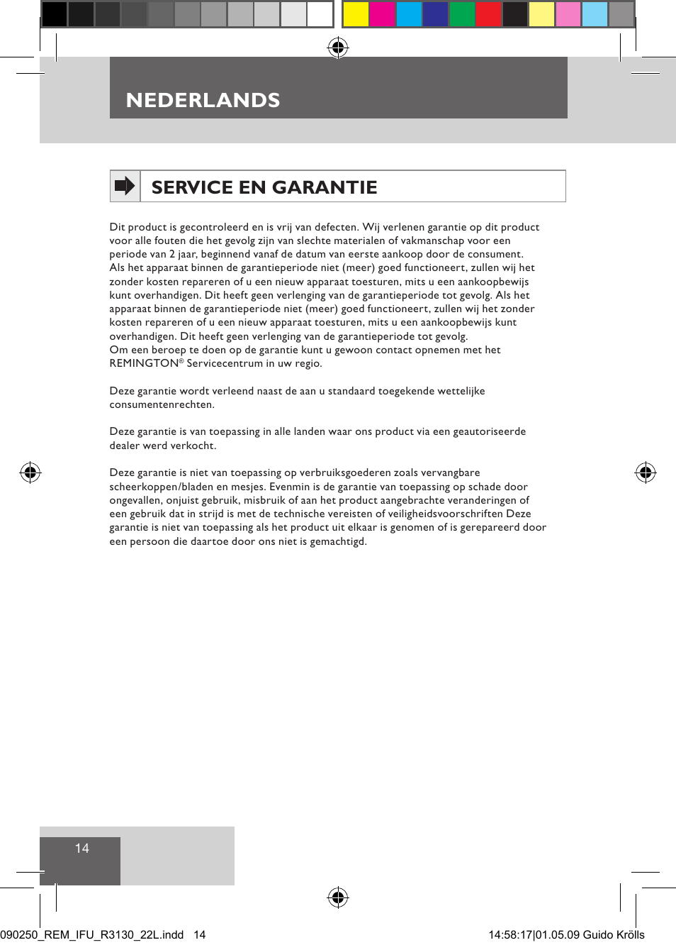 Nederlands, Service en garantie | Remington R3150 User Manual | Page 20 / 110