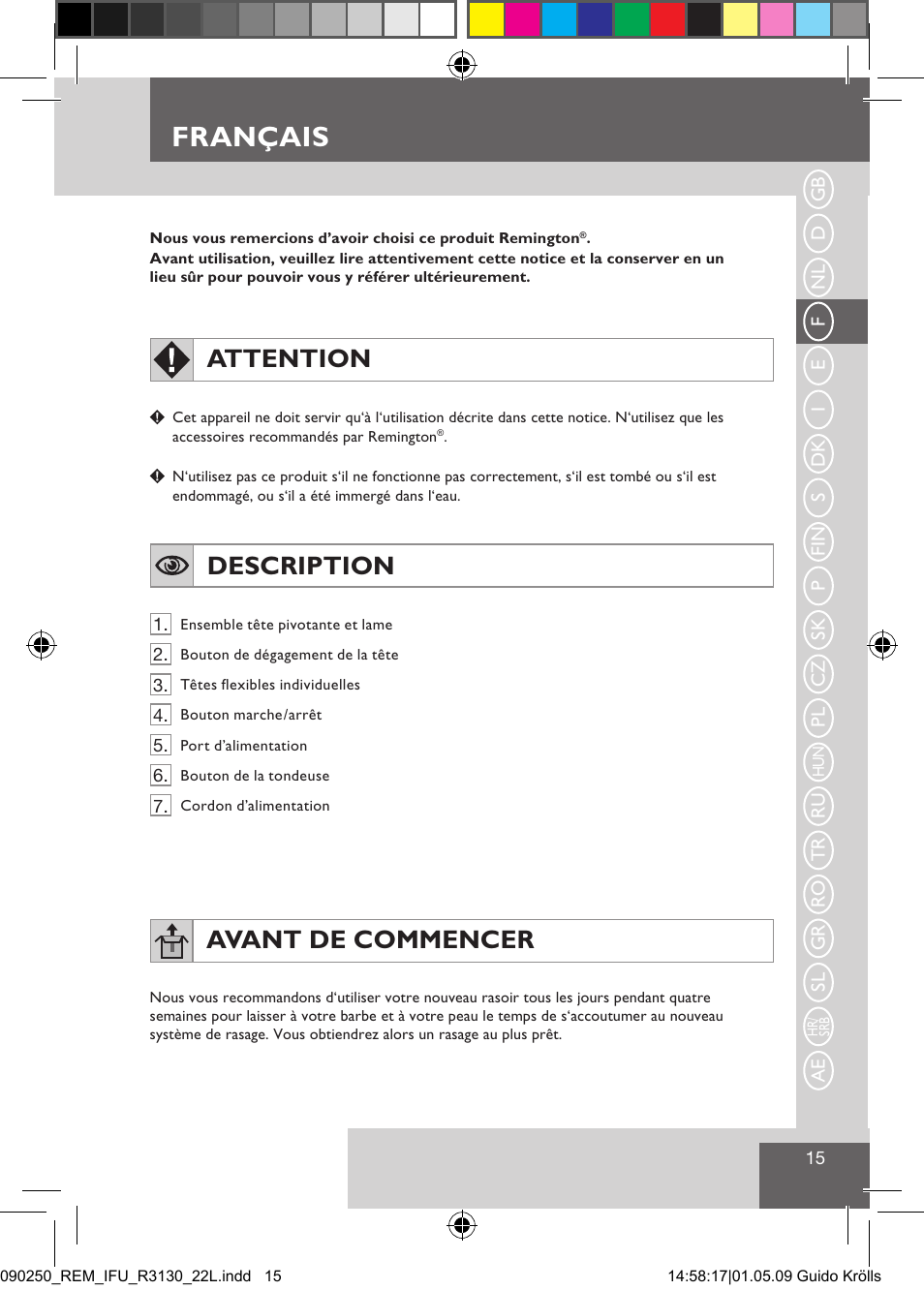 Français, Attention, Description | Avant de commencer | Remington R3150 User Manual | Page 21 / 110