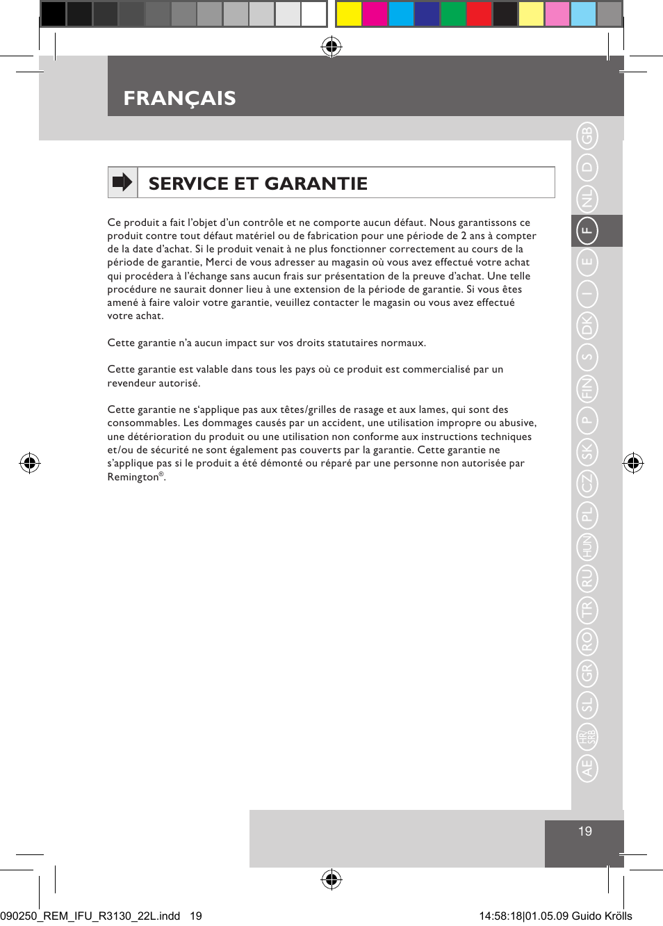 Français, Service et garantie | Remington R3150 User Manual | Page 25 / 110