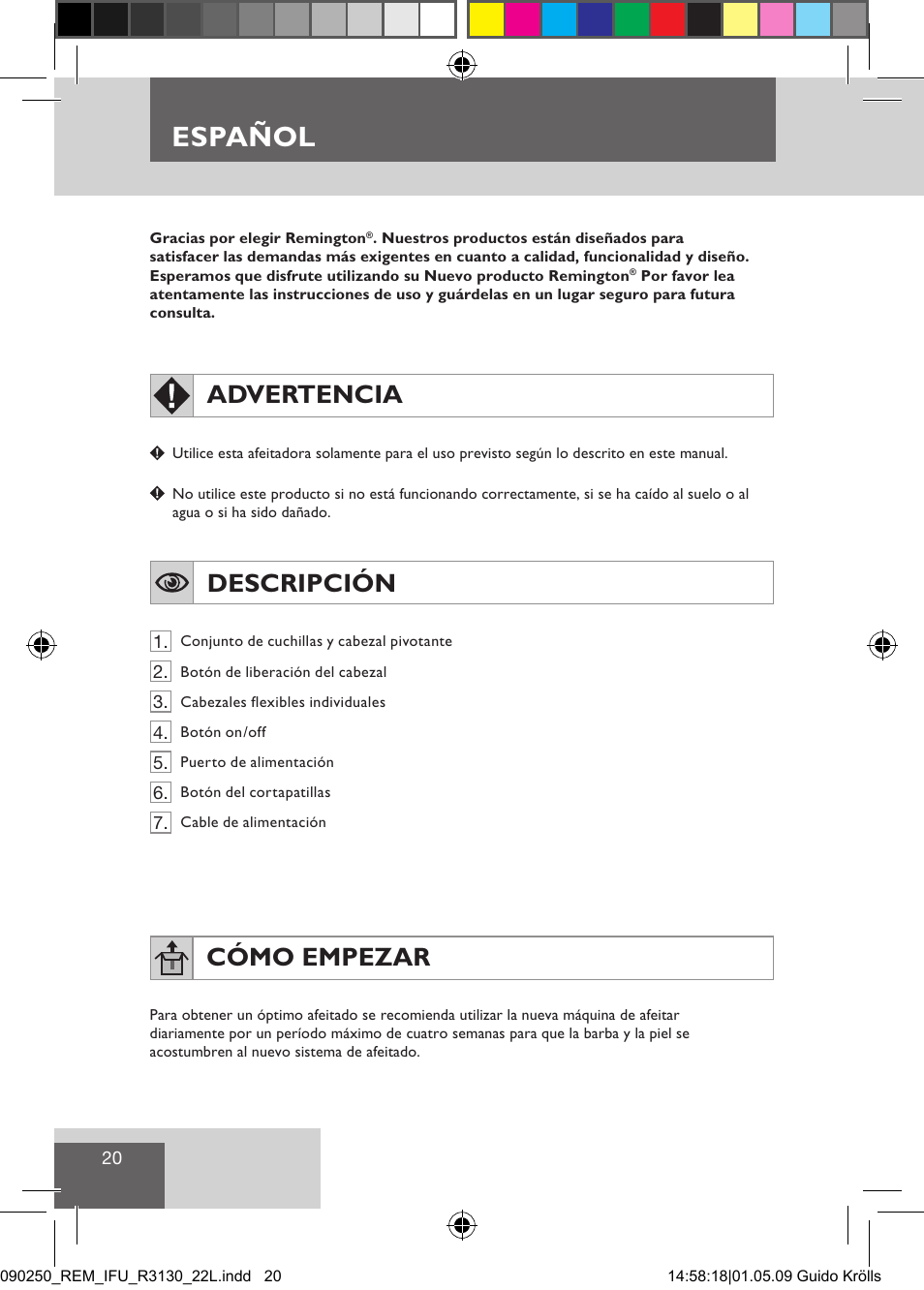 Español, Advertencia, Descripción | Cómo empezar | Remington R3150 User Manual | Page 26 / 110