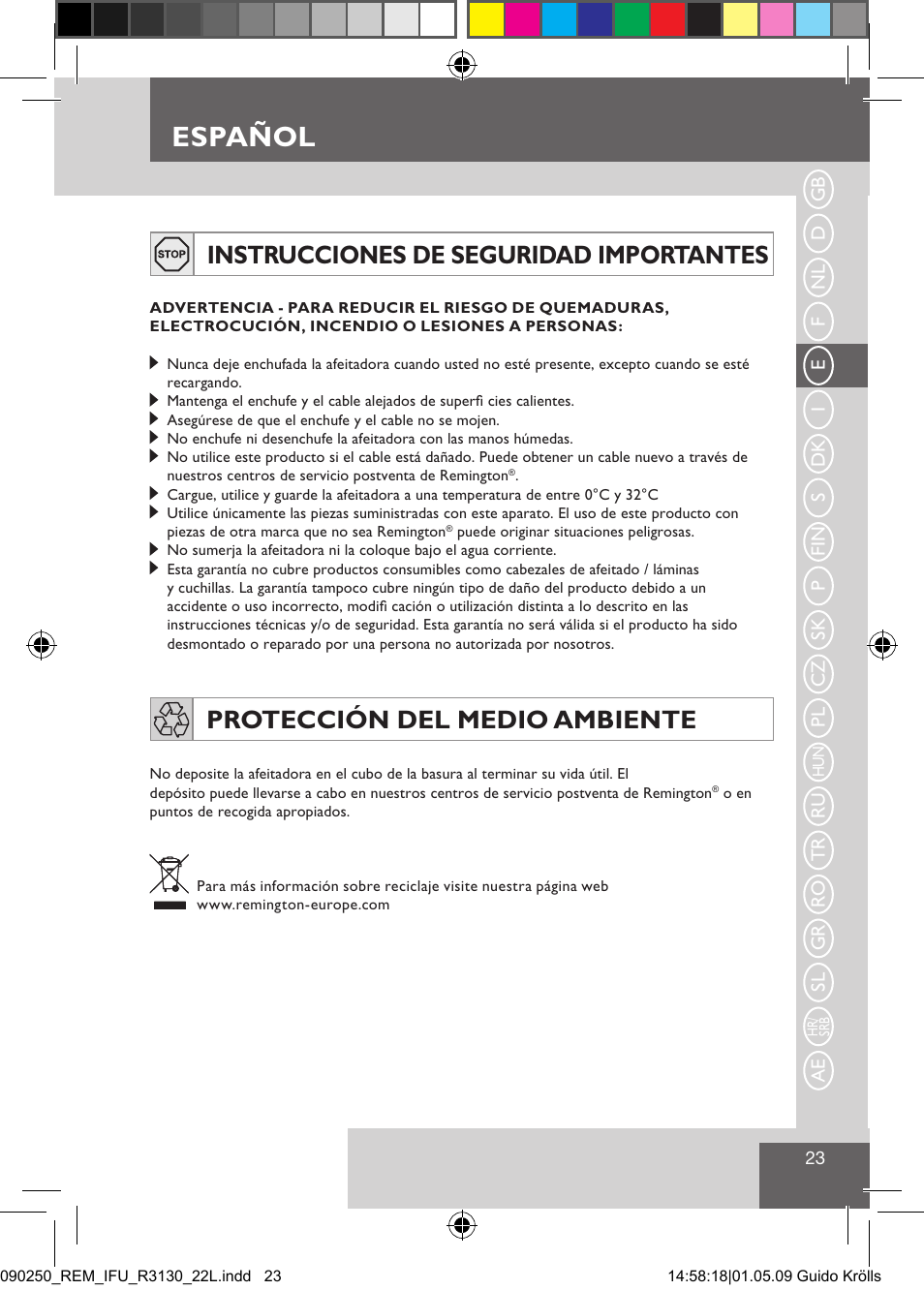 Español, Instrucciones de seguridad importantes, Protección del medio ambiente | Remington R3150 User Manual | Page 29 / 110