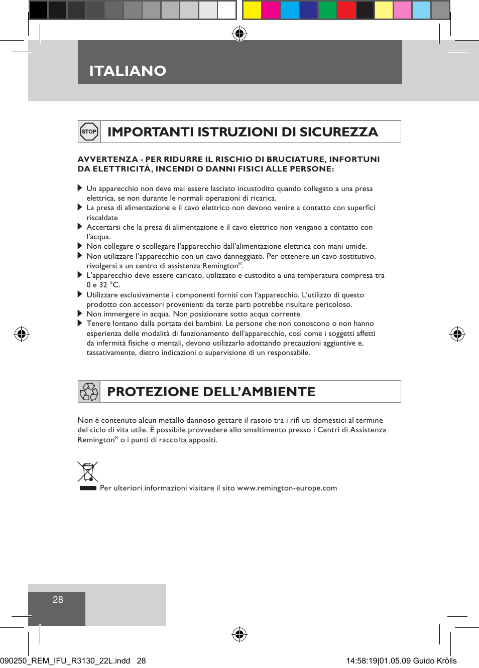 Italiano, Importanti istruzioni di sicurezza, Protezione dell’ambiente | Remington R3150 User Manual | Page 34 / 110