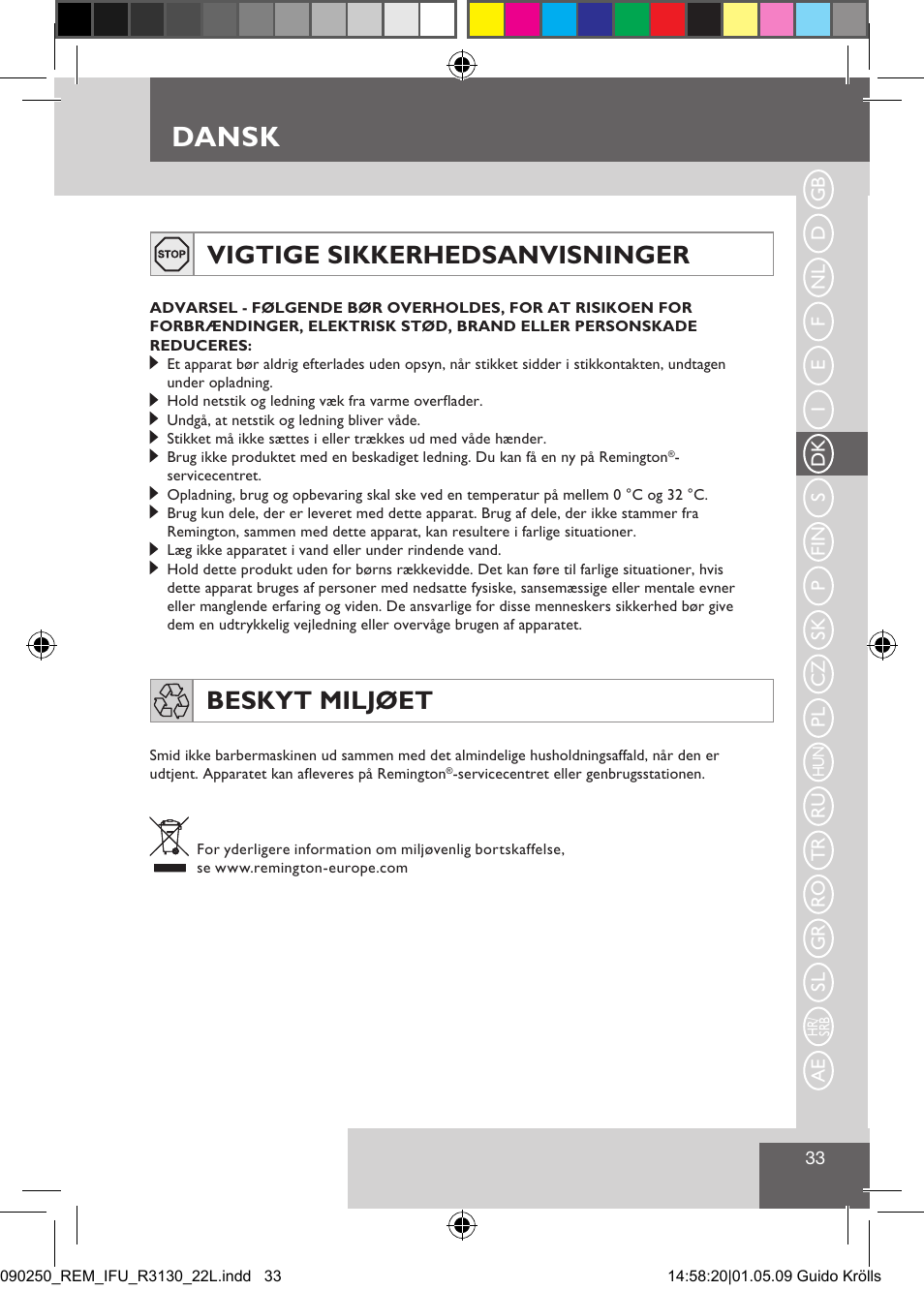 Dansk, Vigtige sikkerhedsanvisninger, Beskyt miljøet | Remington R3150 User Manual | Page 39 / 110
