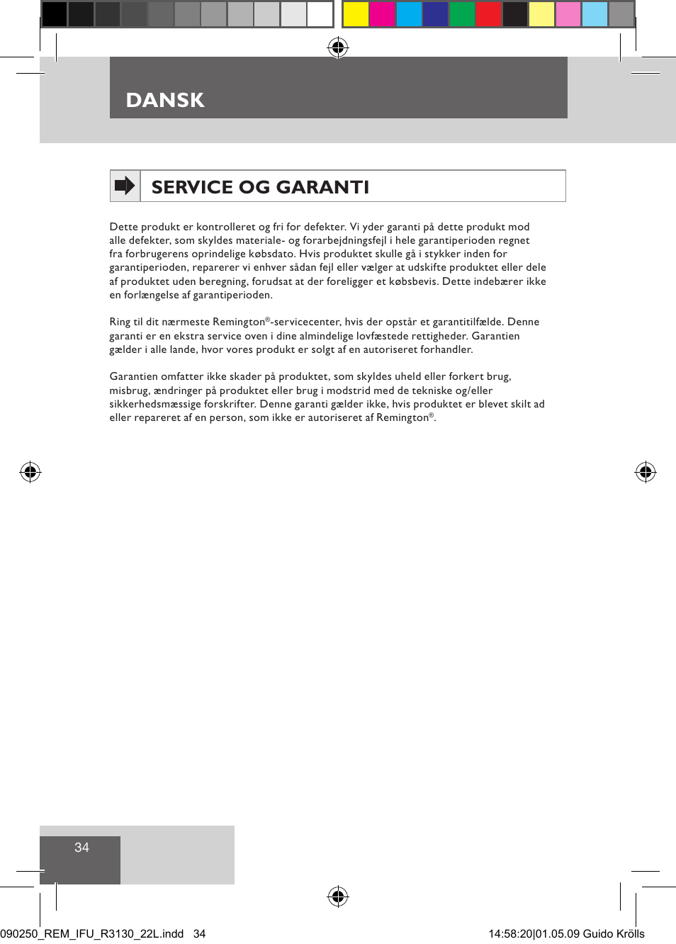 Dansk, Service og garanti | Remington R3150 User Manual | Page 40 / 110