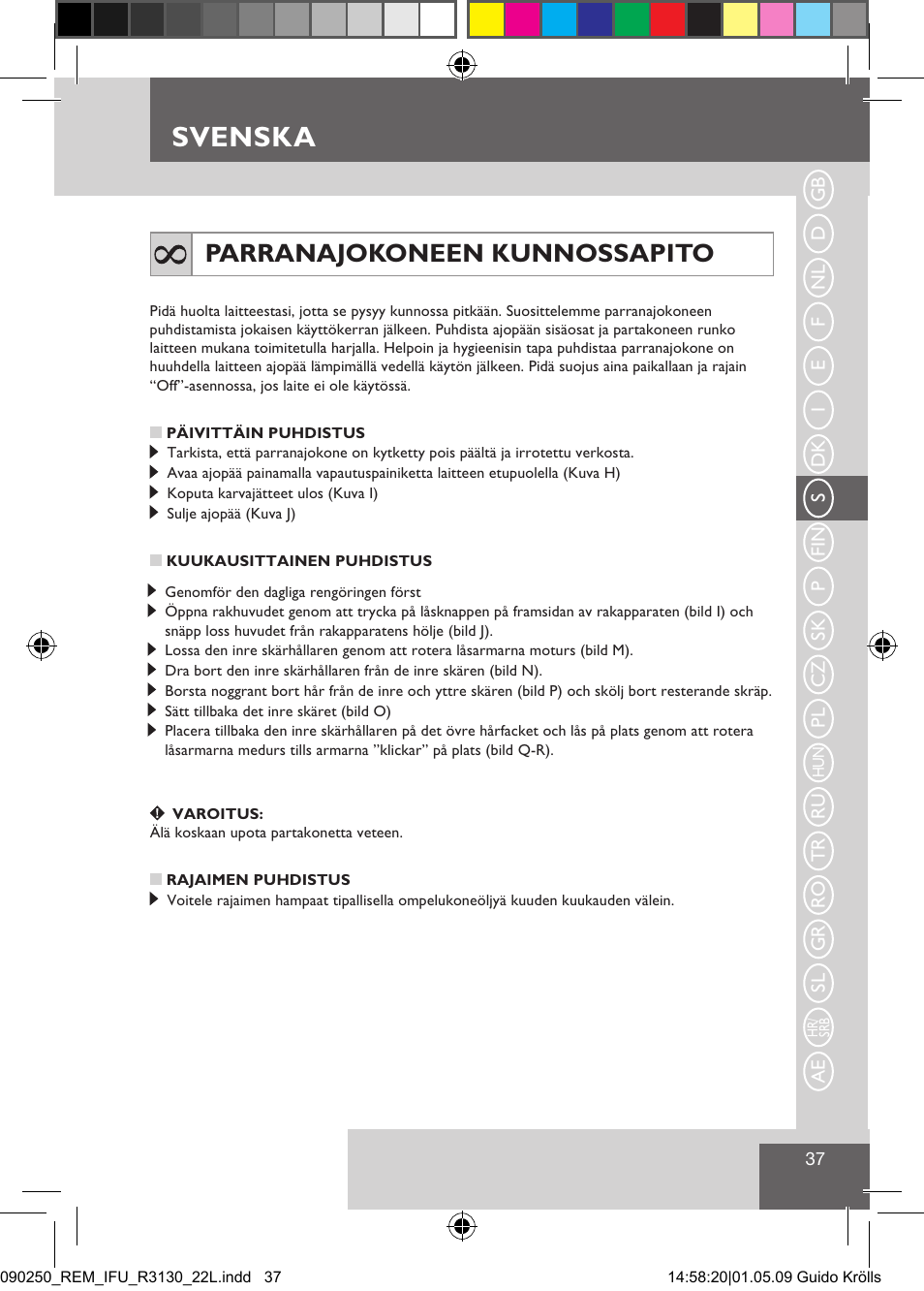 Svenska, Parranajokoneen kunnossapito | Remington R3150 User Manual | Page 43 / 110