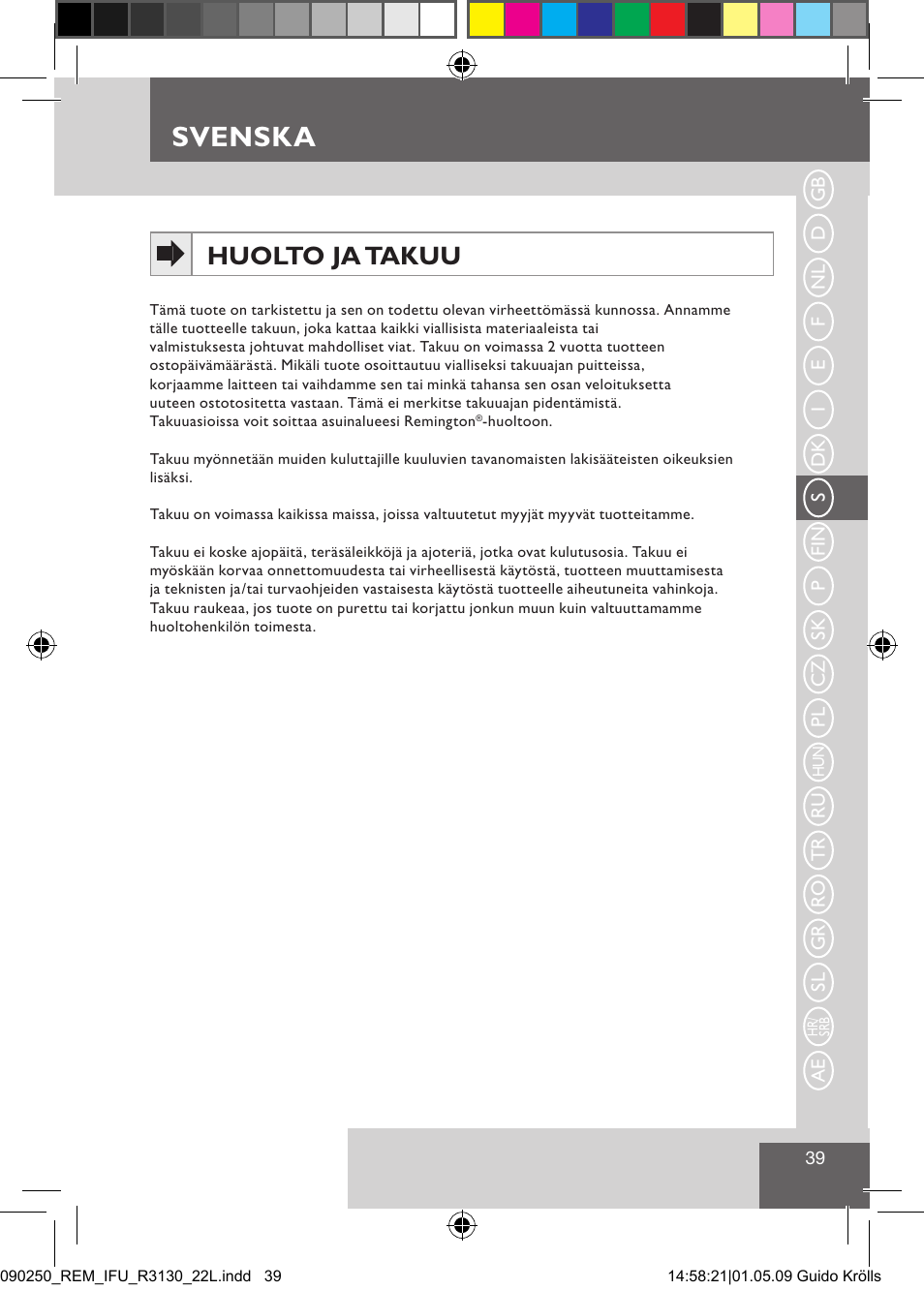 Svenska, Huolto ja takuu | Remington R3150 User Manual | Page 45 / 110