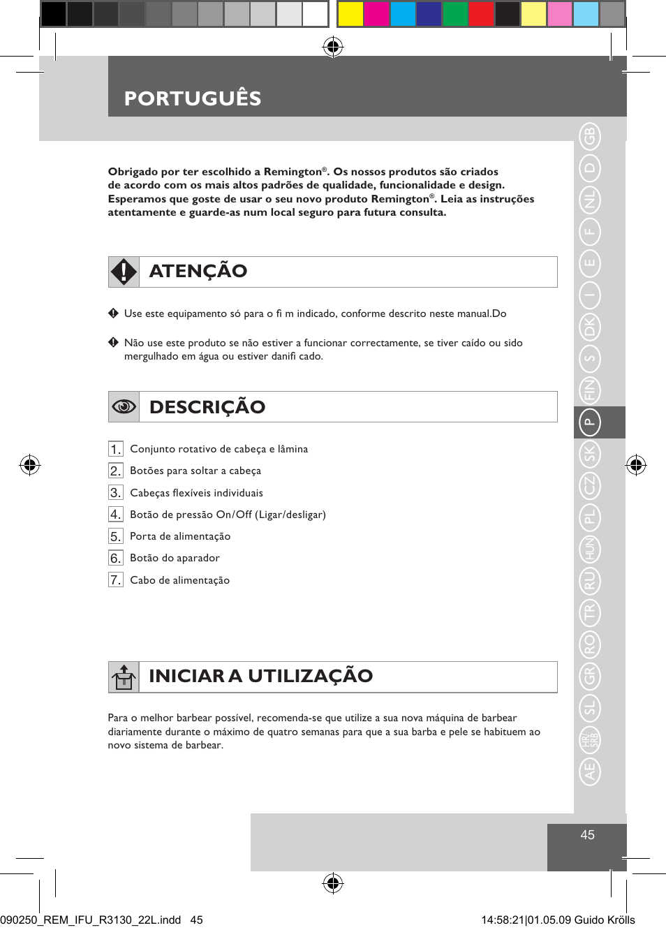 Português, Atenção, Descrição | Iniciar a utilização | Remington R3150 User Manual | Page 51 / 110