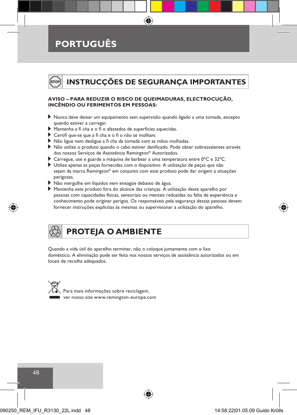 Português, Proteja o ambiente, Instrucções de segurança importantes | Remington R3150 User Manual | Page 54 / 110