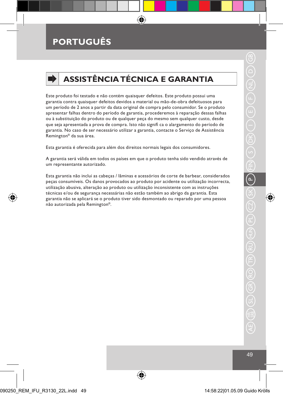 Português, Assistência técnica e garantia | Remington R3150 User Manual | Page 55 / 110