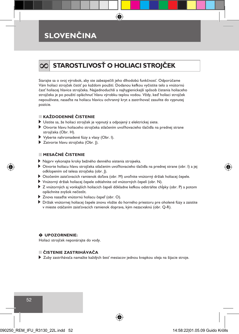 Slovenčina, Starostlivosť o holiaci strojček | Remington R3150 User Manual | Page 58 / 110