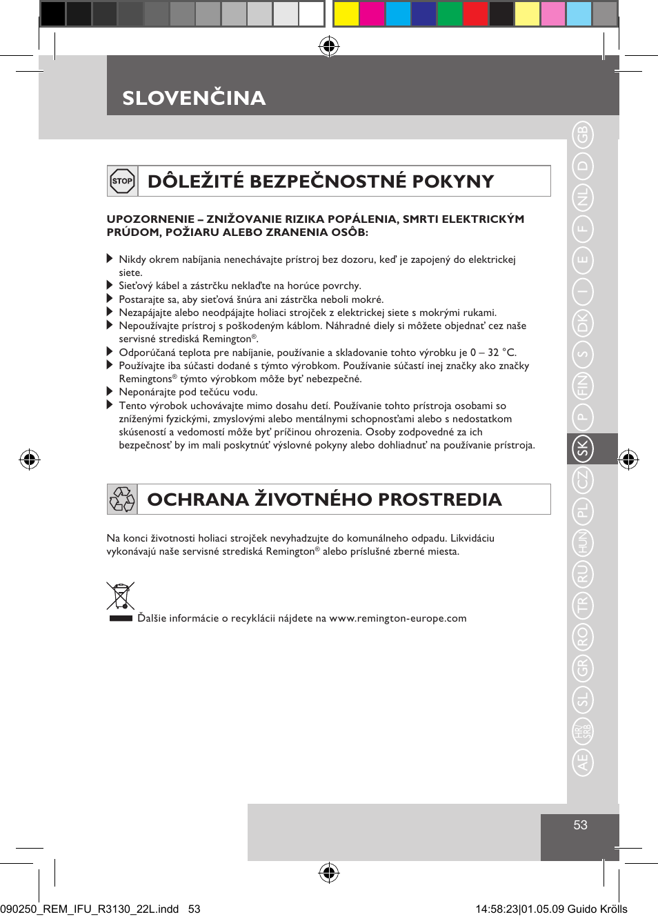 Slovenčina, Dôležité bezpečnostné pokyny, Ochrana životného prostredia | Remington R3150 User Manual | Page 59 / 110