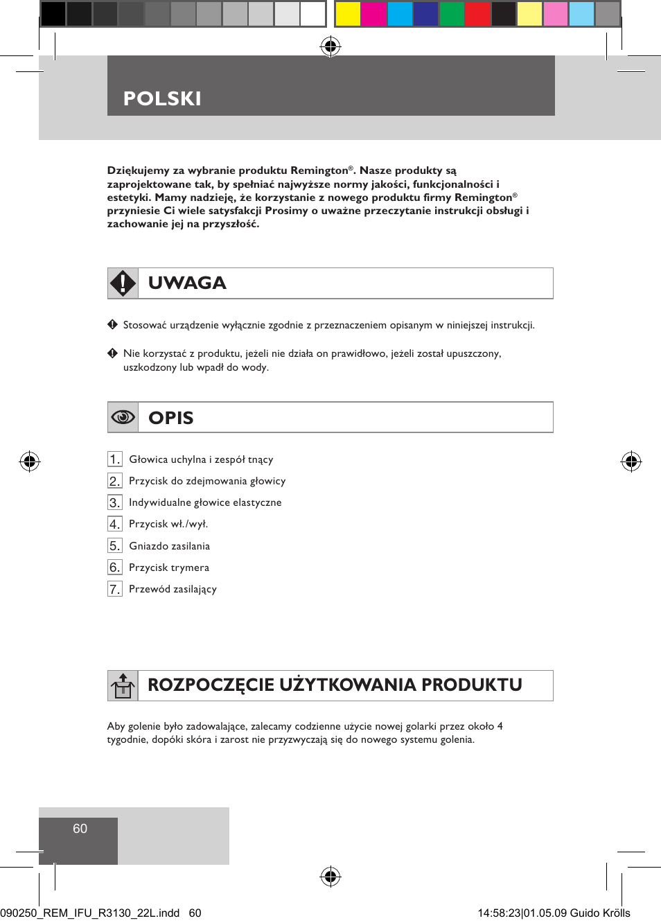 Polski, Uwaga, Opis | Rozpoczęcie użytkowania produktu | Remington R3150 User Manual | Page 66 / 110