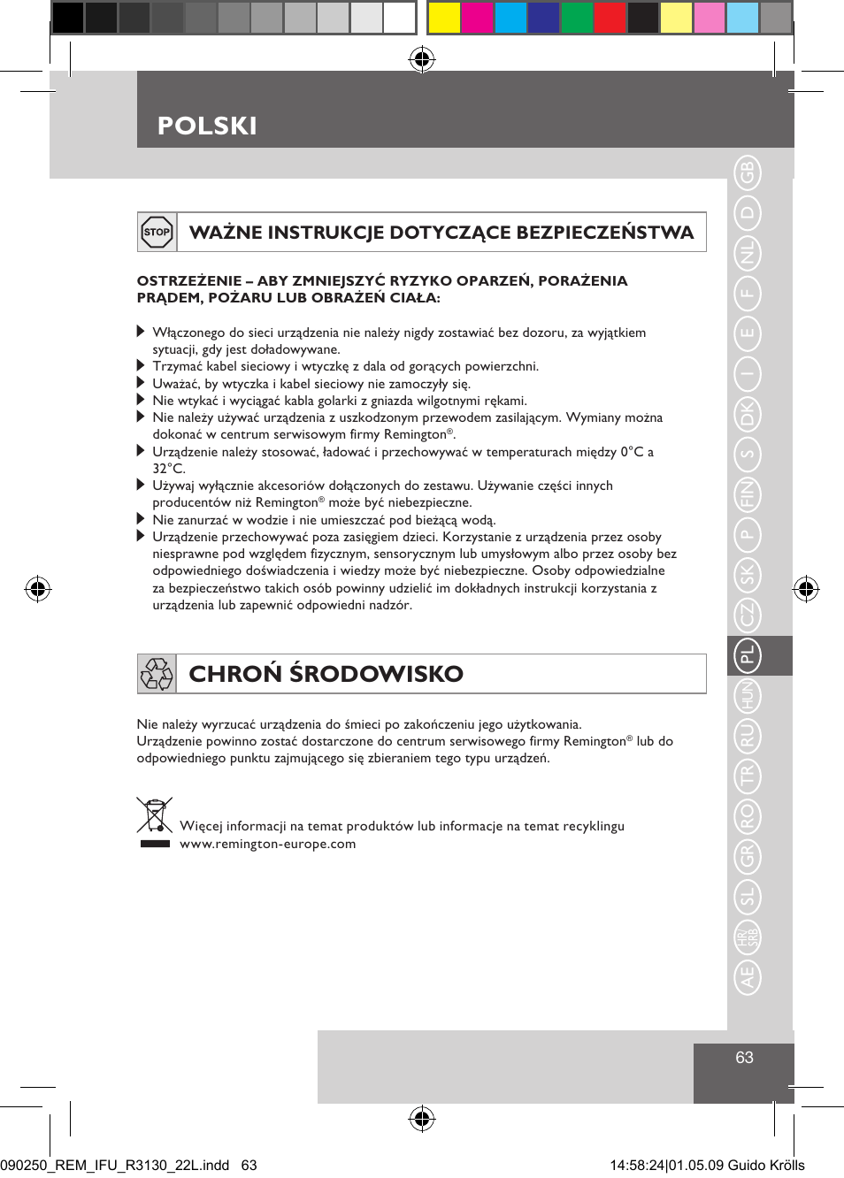 Polski, Chroń środowisko | Remington R3150 User Manual | Page 69 / 110