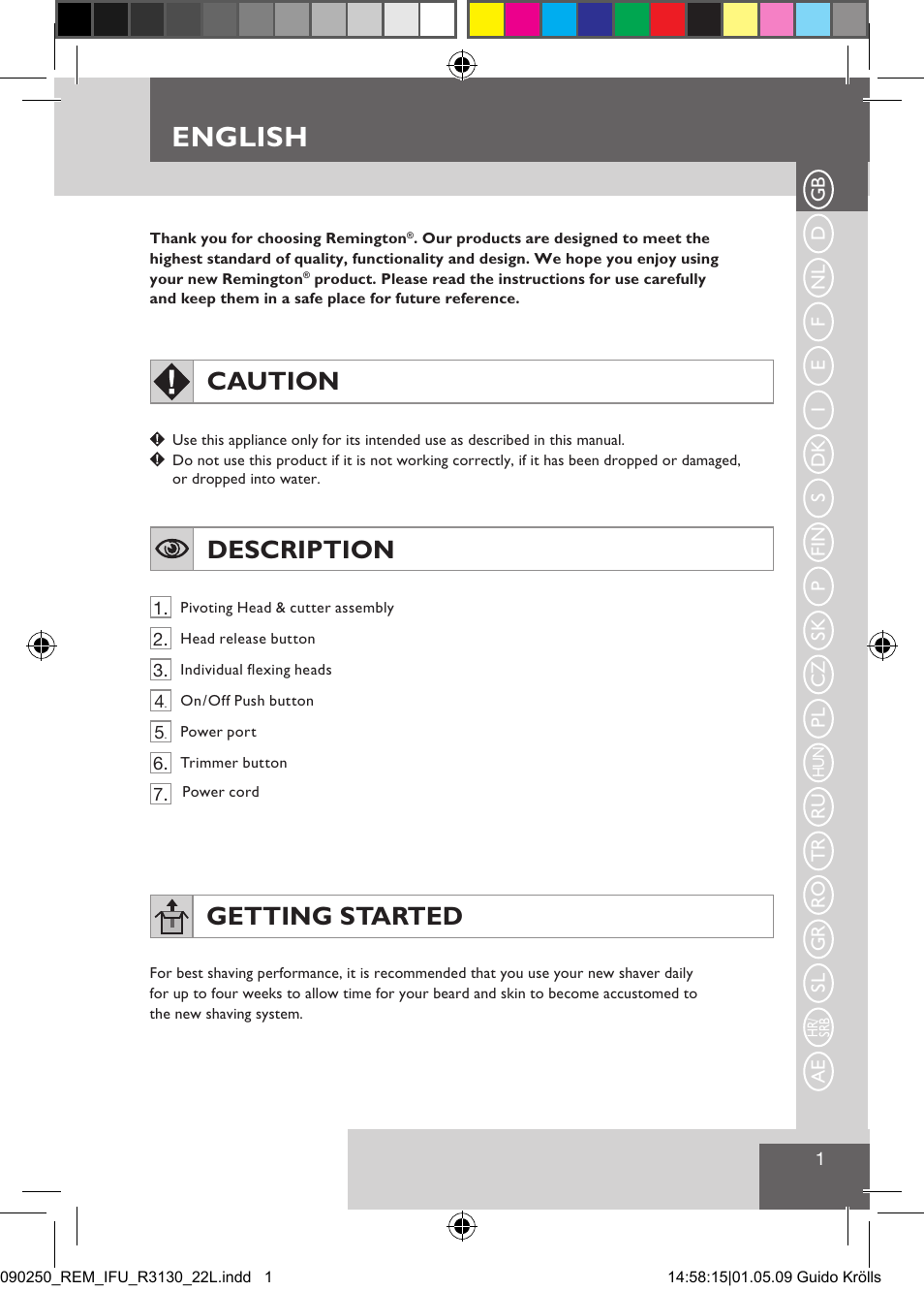 English, Caution, Description | Getting started | Remington R3150 User Manual | Page 7 / 110