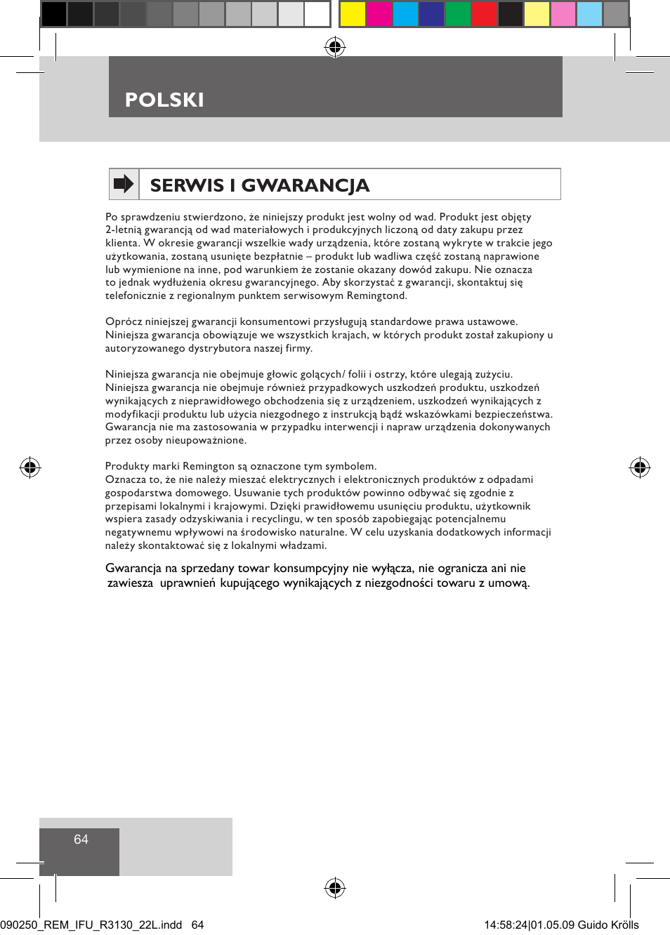 Polski, Serwis i gwarancja | Remington R3150 User Manual | Page 70 / 110