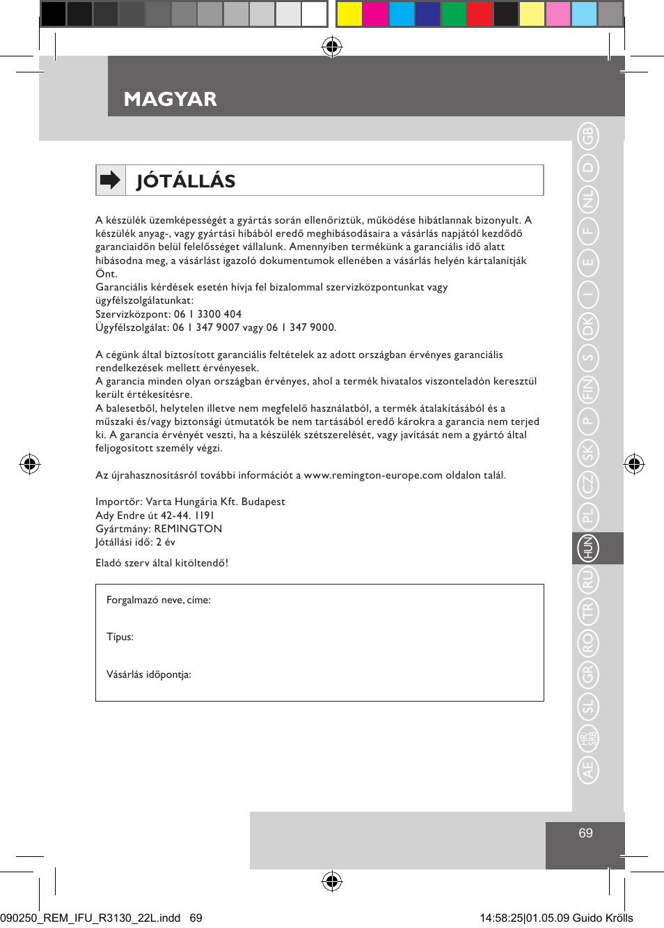 Magyar, Jótállás | Remington R3150 User Manual | Page 75 / 110