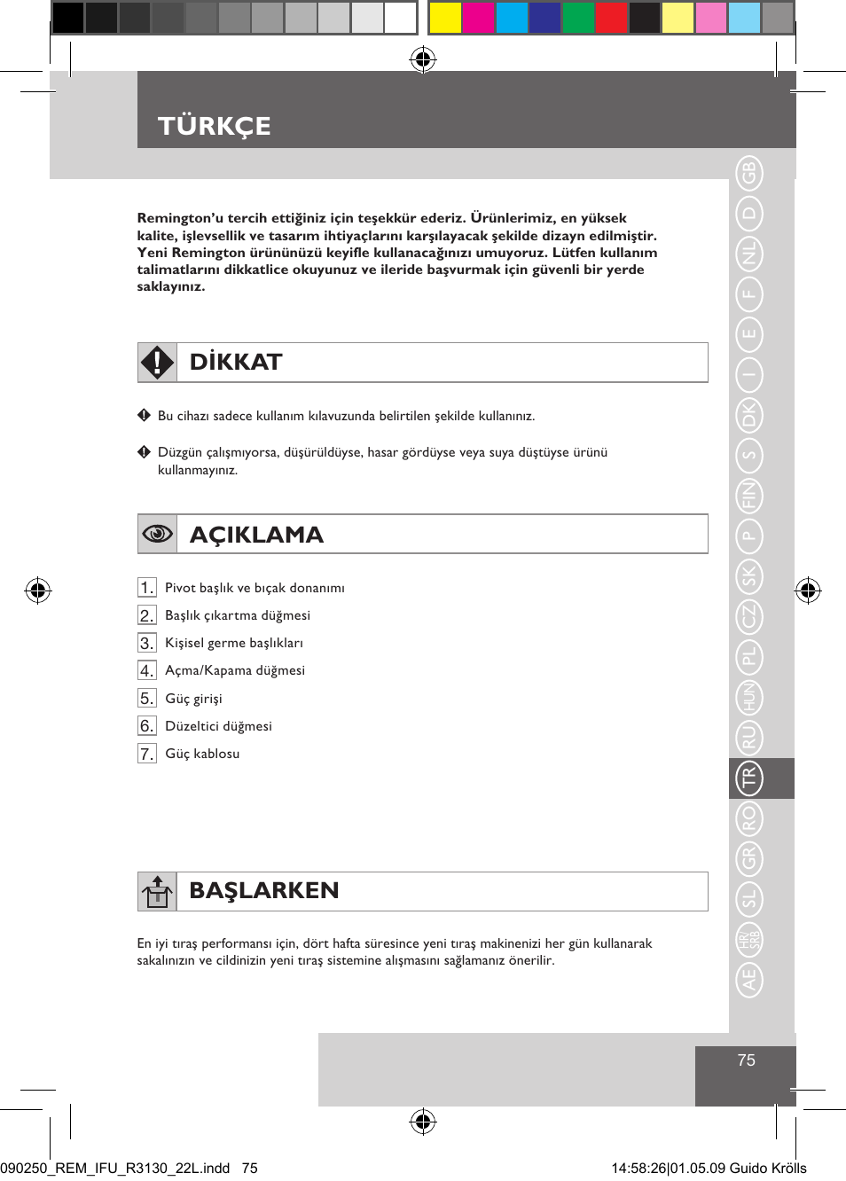 Türkçe, Dikkat, Açiklama | Başlarken | Remington R3150 User Manual | Page 81 / 110