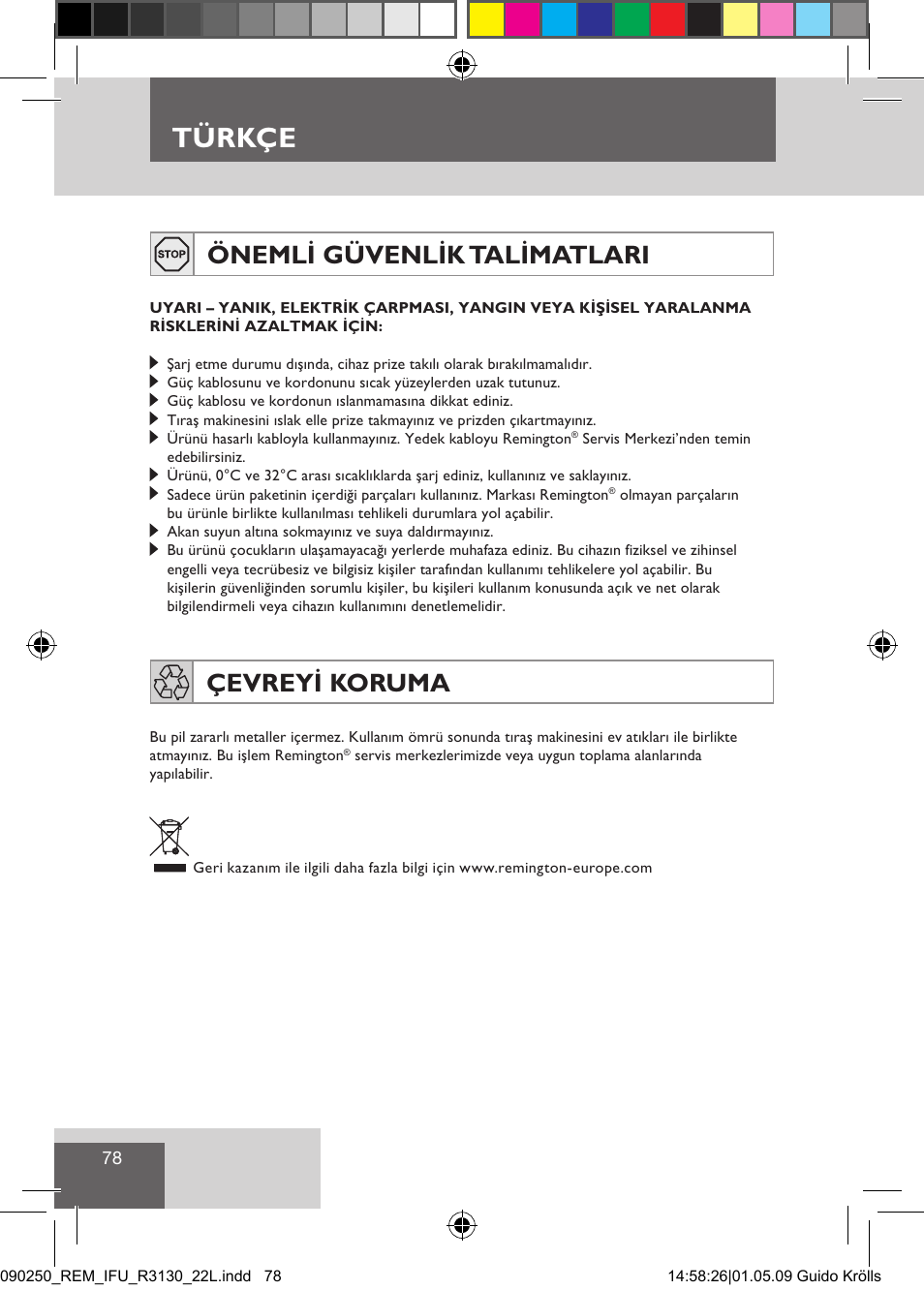 Türkçe, Önemli güvenlik talimatlari, Çevreyi koruma | Remington R3150 User Manual | Page 84 / 110