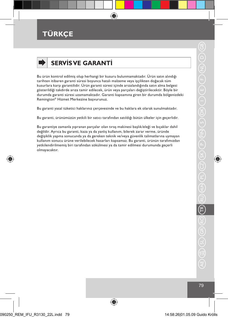 Türkçe, Servis ve garanti | Remington R3150 User Manual | Page 85 / 110