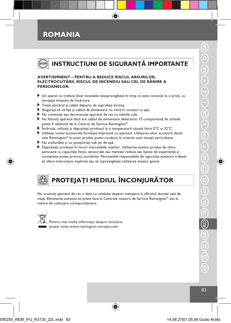 Romania, Instrucţiuni de siguranţă importante, Protejaţi mediul înconjurător | Remington R3150 User Manual | Page 89 / 110