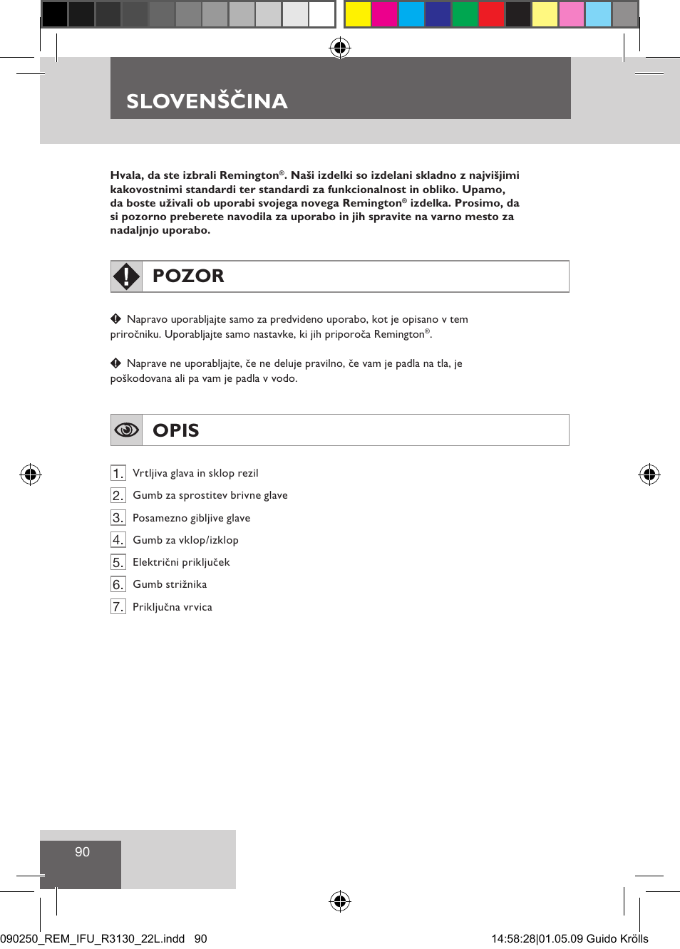 Slovenščina, Pozor, Opis | Remington R3150 User Manual | Page 96 / 110