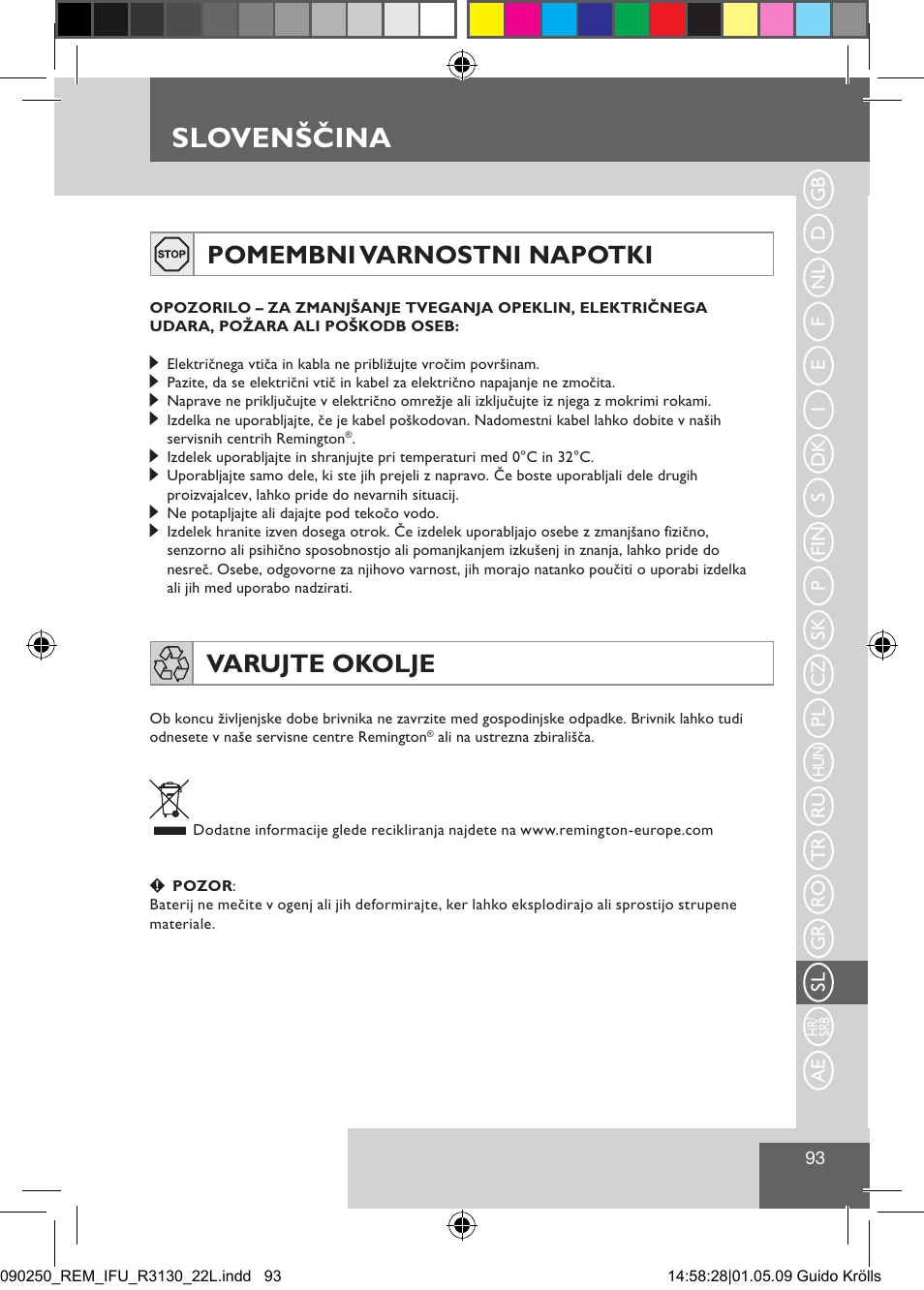 Slovenščina, Pomembni varnostni napotki, Varujte okolje | Remington R3150 User Manual | Page 99 / 110