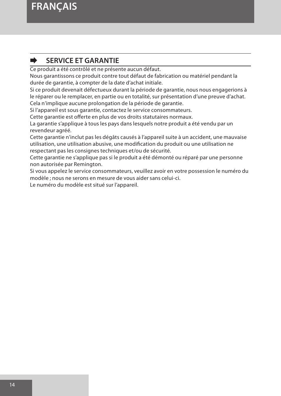 Français, Eservice et garantie | Remington S6280 User Manual | Page 14 / 72