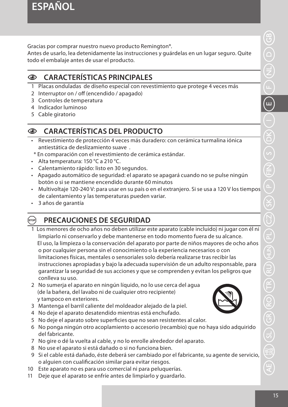 Español, Ccaracterísticas principales, Ccaracterísticas del producto | Aprecauciones de seguridad | Remington S6280 User Manual | Page 15 / 72