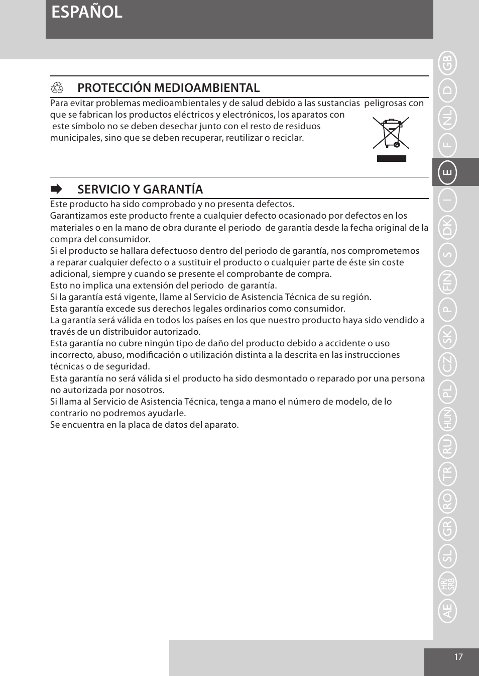 Español, Hprotección medioambiental, Eservicio y garantía | Remington S6280 User Manual | Page 17 / 72