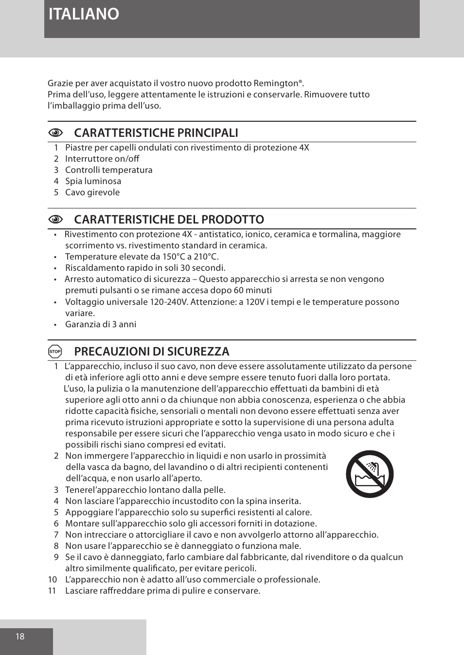 Italiano, Ccaratteristiche principali, Ccaratteristiche del prodotto | Aprecauzioni di sicurezza | Remington S6280 User Manual | Page 18 / 72