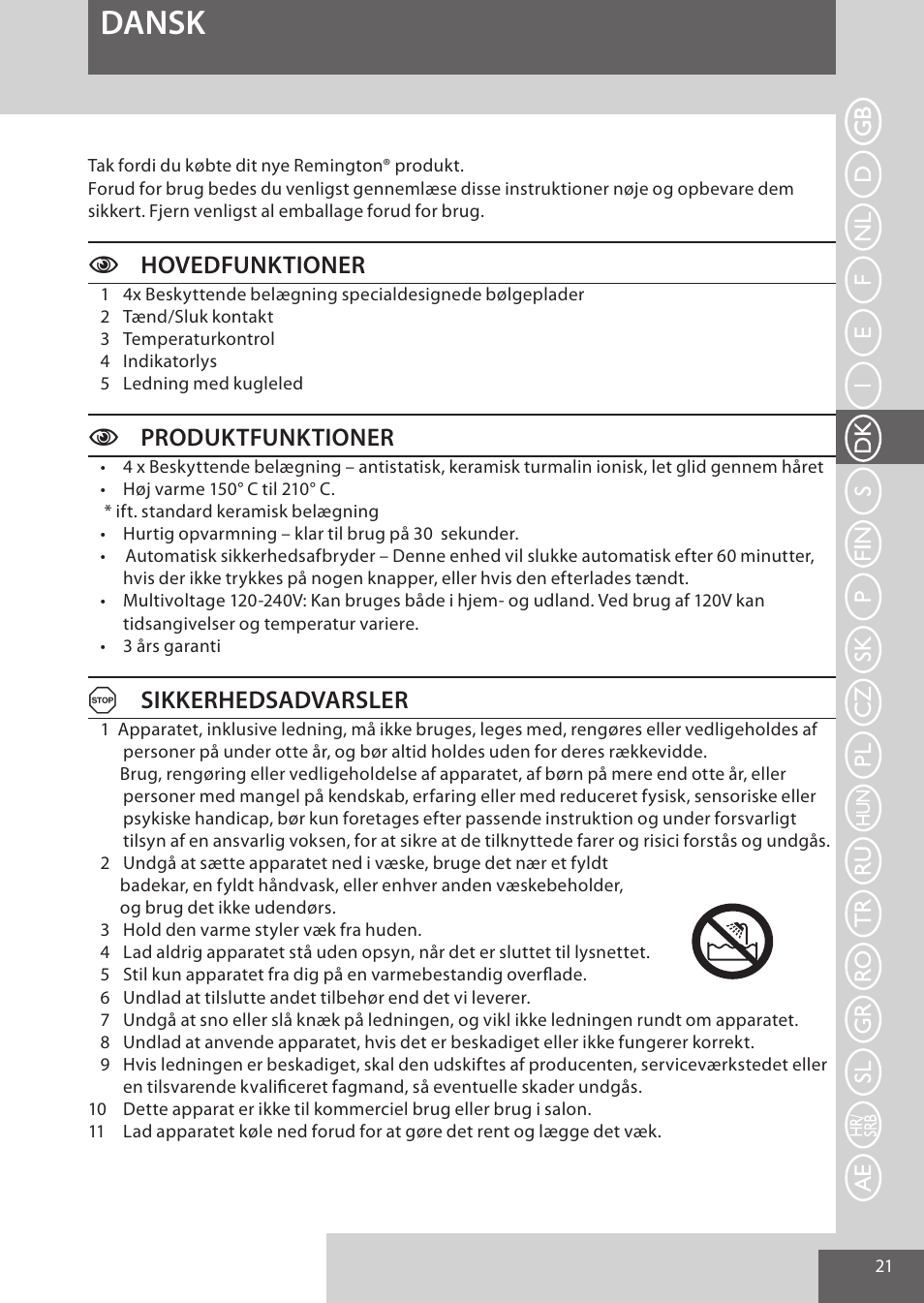 Dansk, Chovedfunktioner, Cproduktfunktioner | Asikkerhedsadvarsler | Remington S6280 User Manual | Page 21 / 72