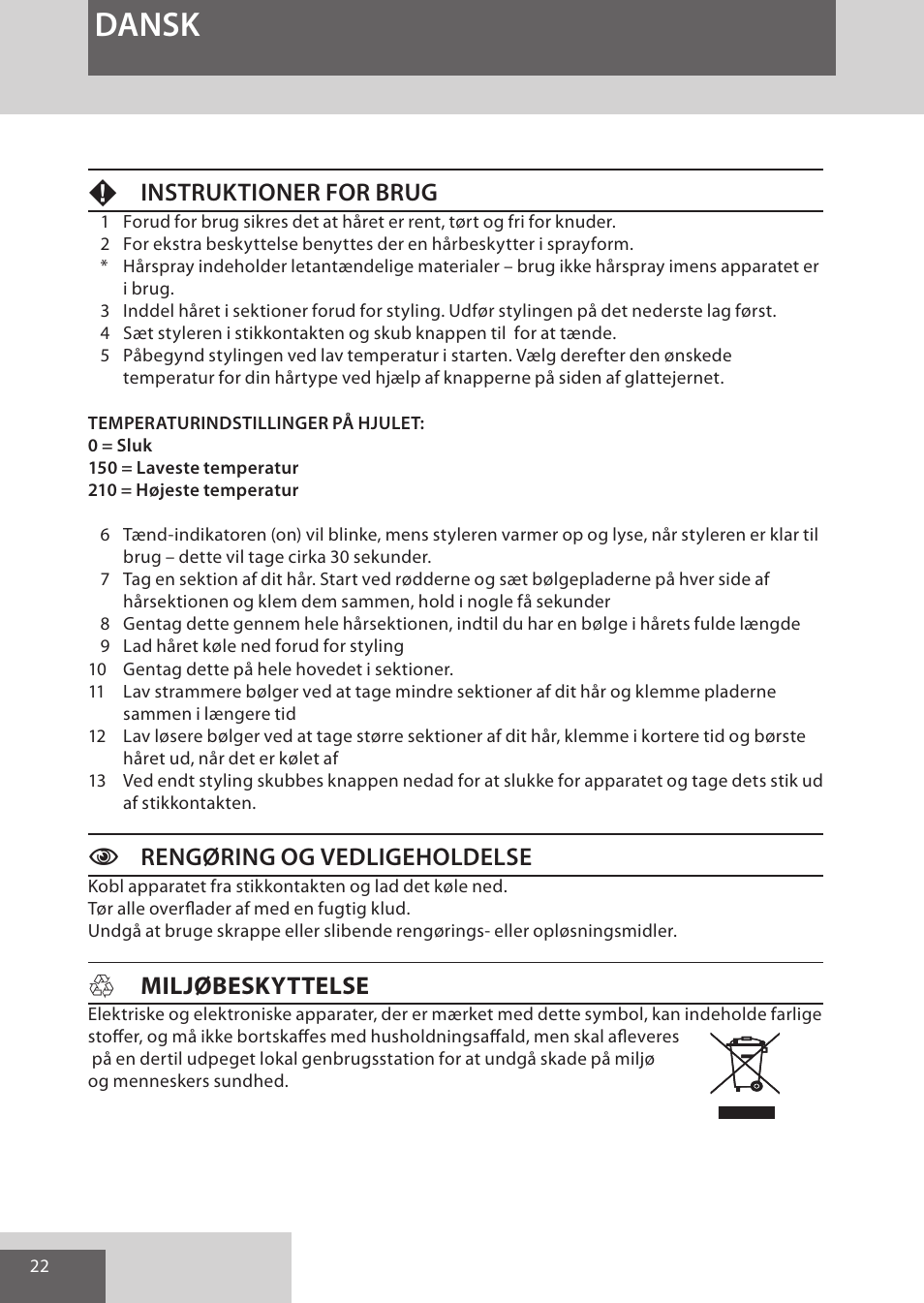 Dansk, Finstruktioner for brug, Crengøring og vedligeholdelse | Hmiljøbeskyttelse | Remington S6280 User Manual | Page 22 / 72