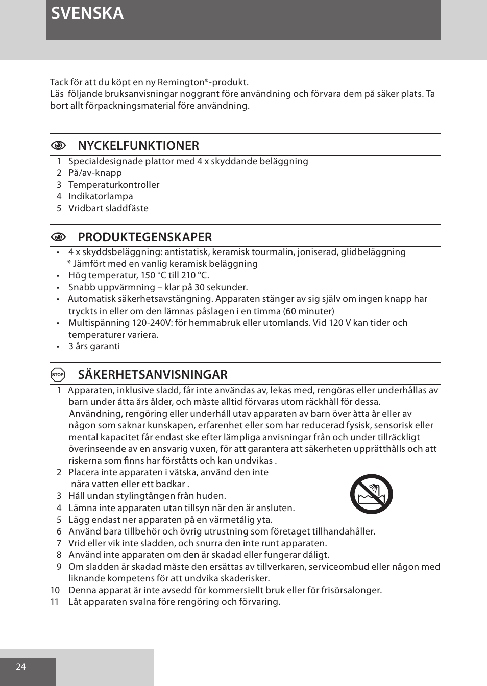 Svenska, Cnyckelfunktioner, Cproduktegenskaper | Asäkerhetsanvisningar | Remington S6280 User Manual | Page 24 / 72