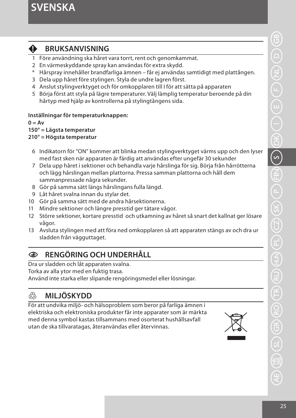 Svenska, Fbruksanvisning, Crengöring och underhåll | Hmiljöskydd | Remington S6280 User Manual | Page 25 / 72