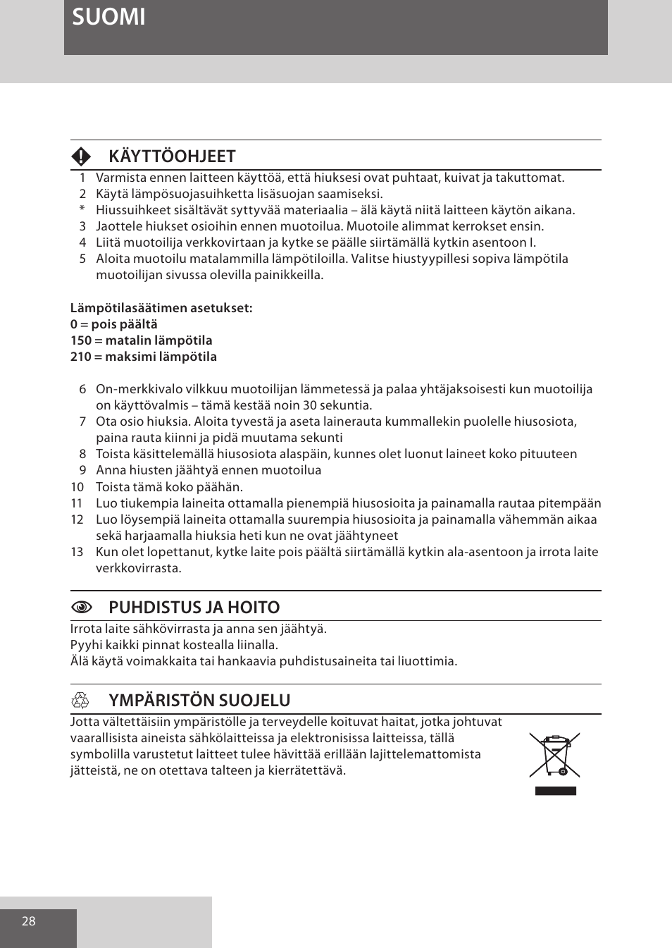 Suomi, Fkäyttöohjeet, Cpuhdistus ja hoito | Hympäristön suojelu | Remington S6280 User Manual | Page 28 / 72