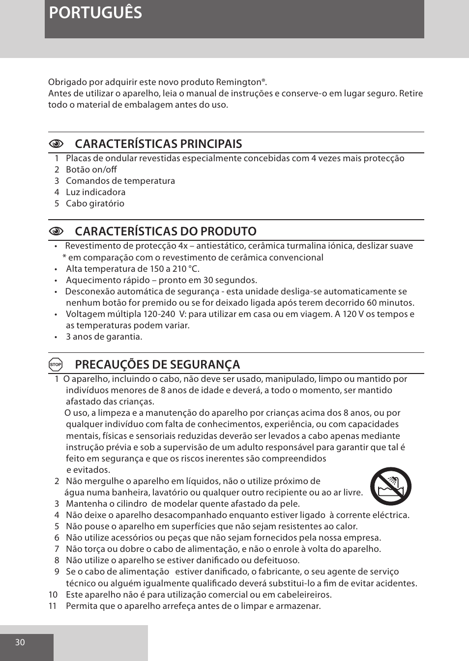 Português, Ccaracterísticas principais, Ccaracterísticas do produto | Aprecauções de segurança | Remington S6280 User Manual | Page 30 / 72