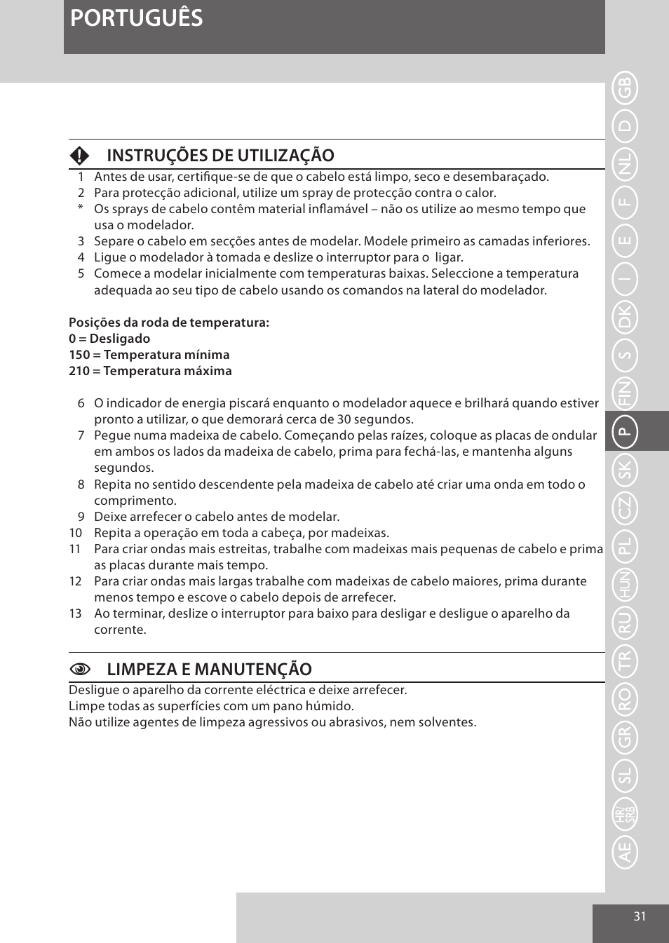 Português, Finstruções de utilização, Climpeza e manutenção | Remington S6280 User Manual | Page 31 / 72