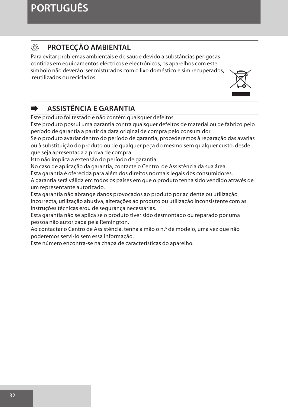 Português, Hprotecção ambiental, Eassistência e garantia | Remington S6280 User Manual | Page 32 / 72