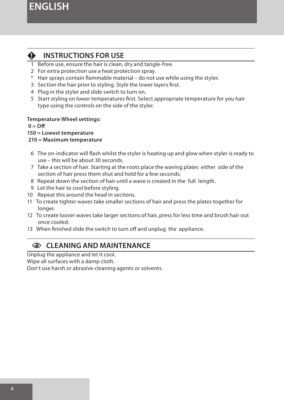 English, Finstructions for use, C cleaning and maintenance | Remington S6280 User Manual | Page 4 / 72