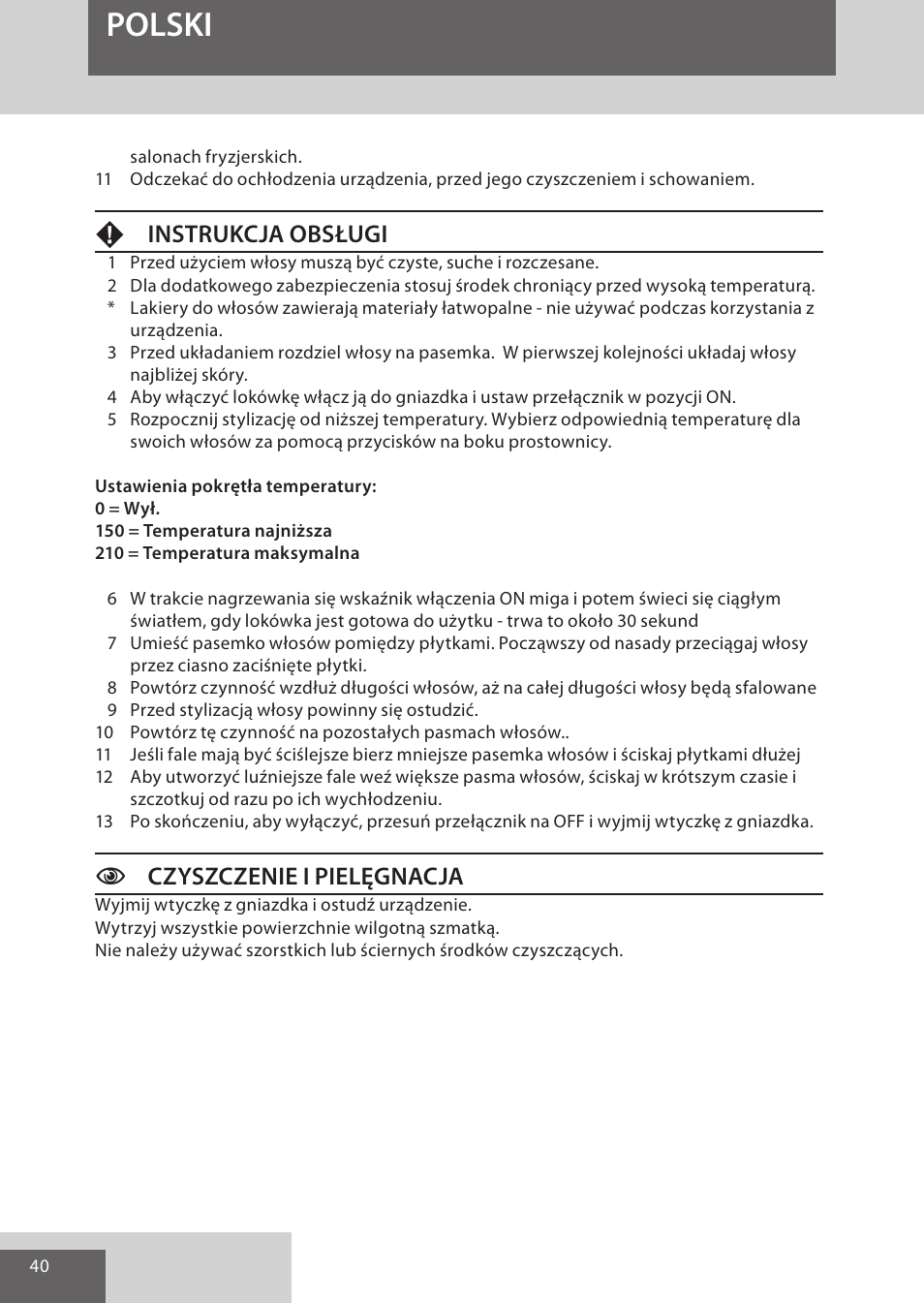 Polski, Finstrukcja obsługi, Cczyszczenie i pielęgnacja | Remington S6280 User Manual | Page 40 / 72