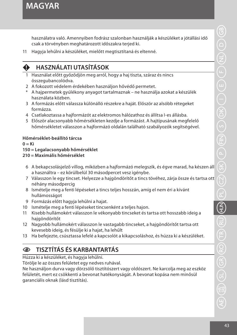 Magyar, Fhasználati utasítások, Ctisztítás és karbantartás | Remington S6280 User Manual | Page 43 / 72