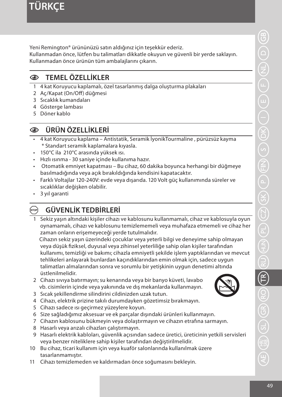 Türkçe, Ctemel özellikler, Cürün özellikleri | Agüvenlik tedbirleri | Remington S6280 User Manual | Page 49 / 72