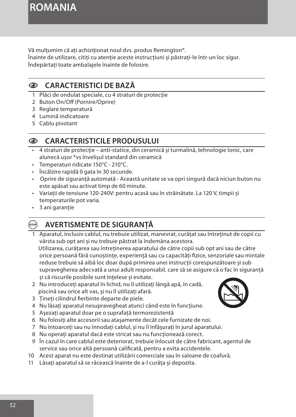 Romania, Ccaracteristici de bază, Ccaracteristicile produsului | Aavertismente de siguranță | Remington S6280 User Manual | Page 52 / 72