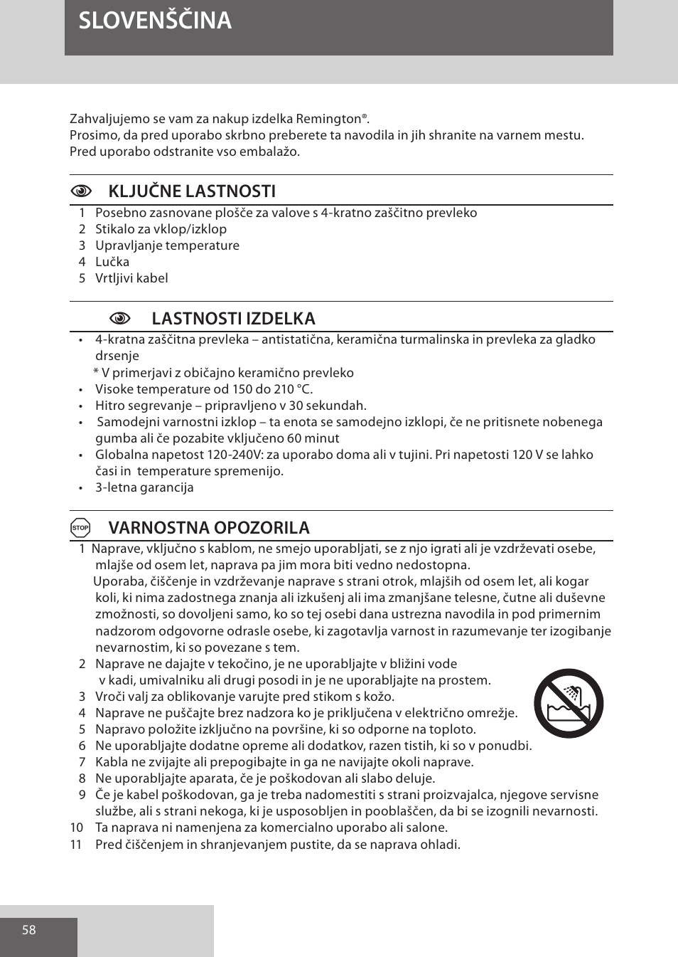 Slovenščina, Cključne lastnosti, C lastnosti izdelka | Avarnostna opozorila | Remington S6280 User Manual | Page 58 / 72