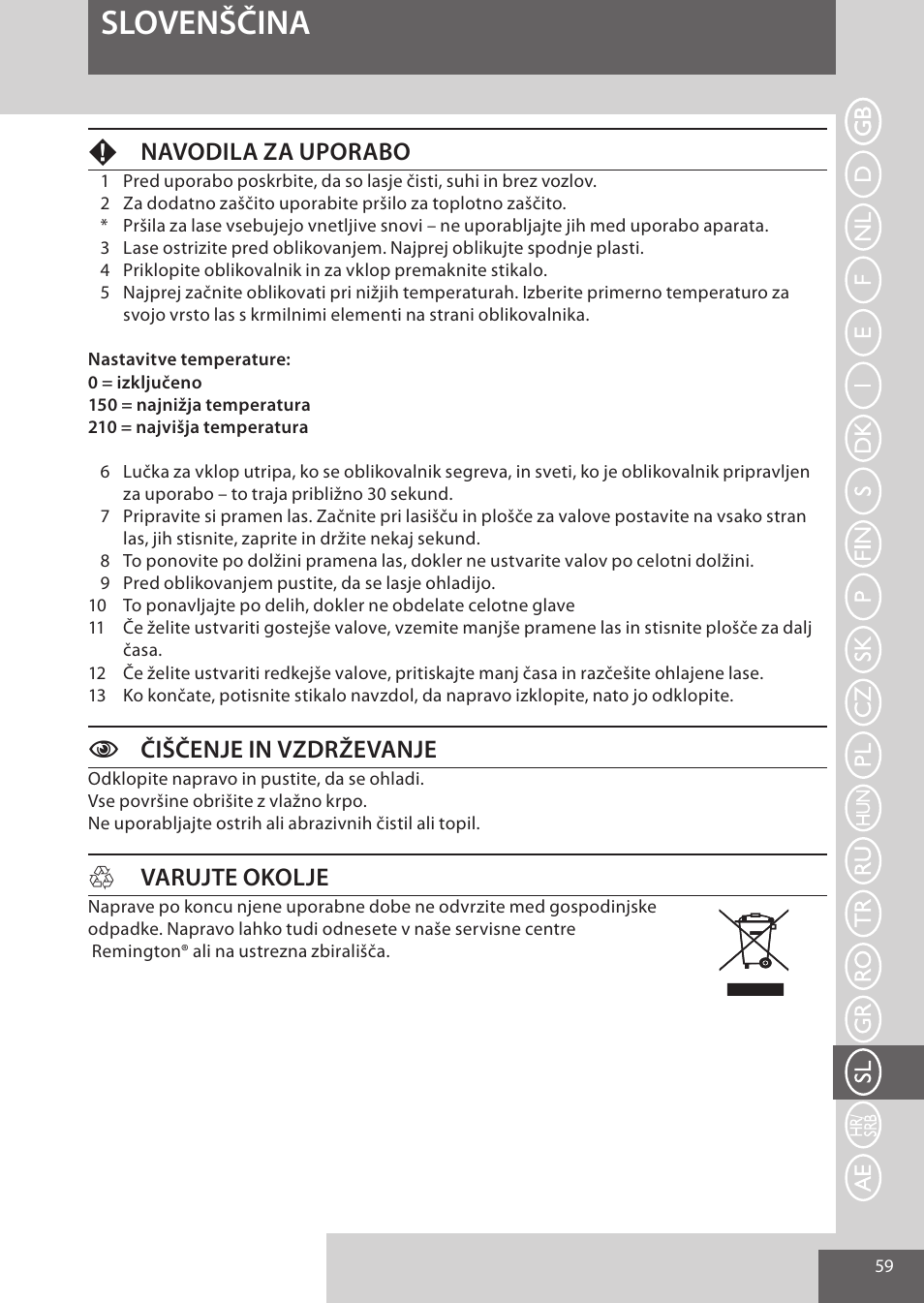 Slovenščina, Fnavodila za uporabo, Cčiščenje in vzdrževanje | Hvarujte okolje | Remington S6280 User Manual | Page 59 / 72